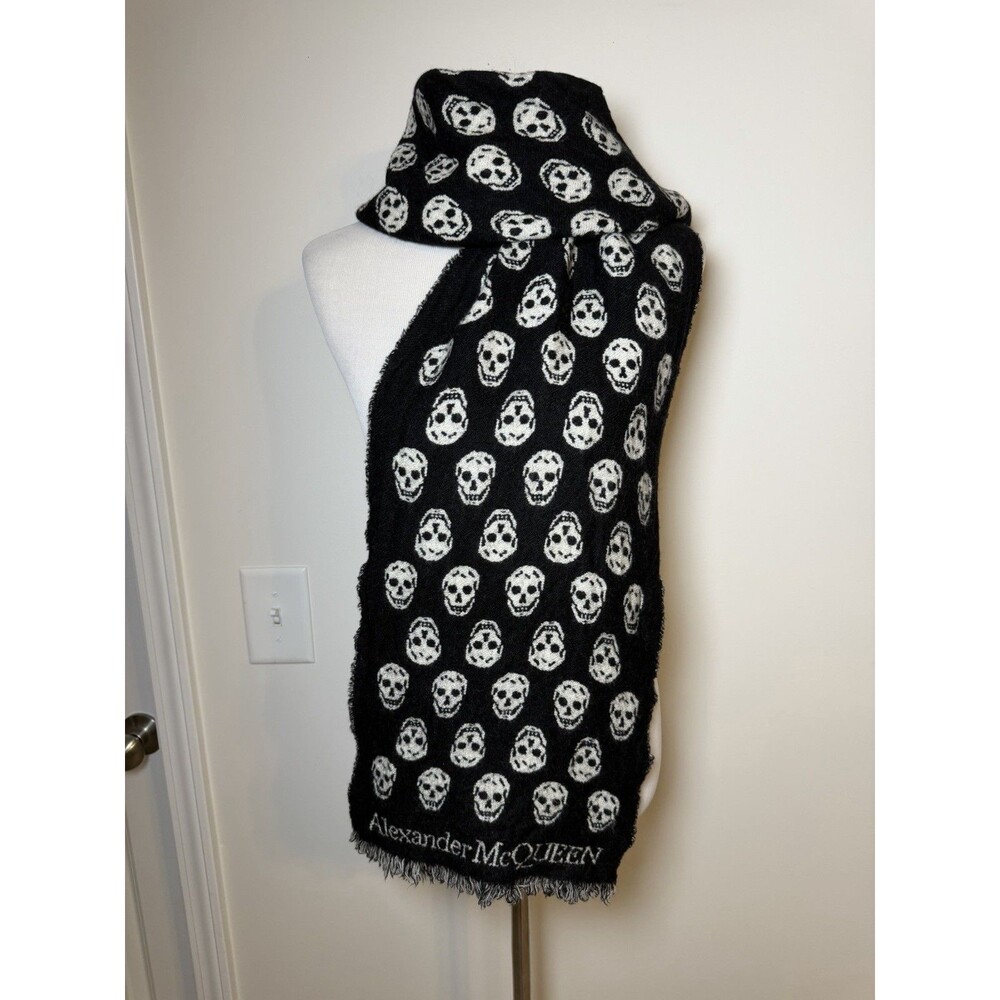Alexander McQueen Reversible Upside Down Skull Scarf Wool Black Ivory